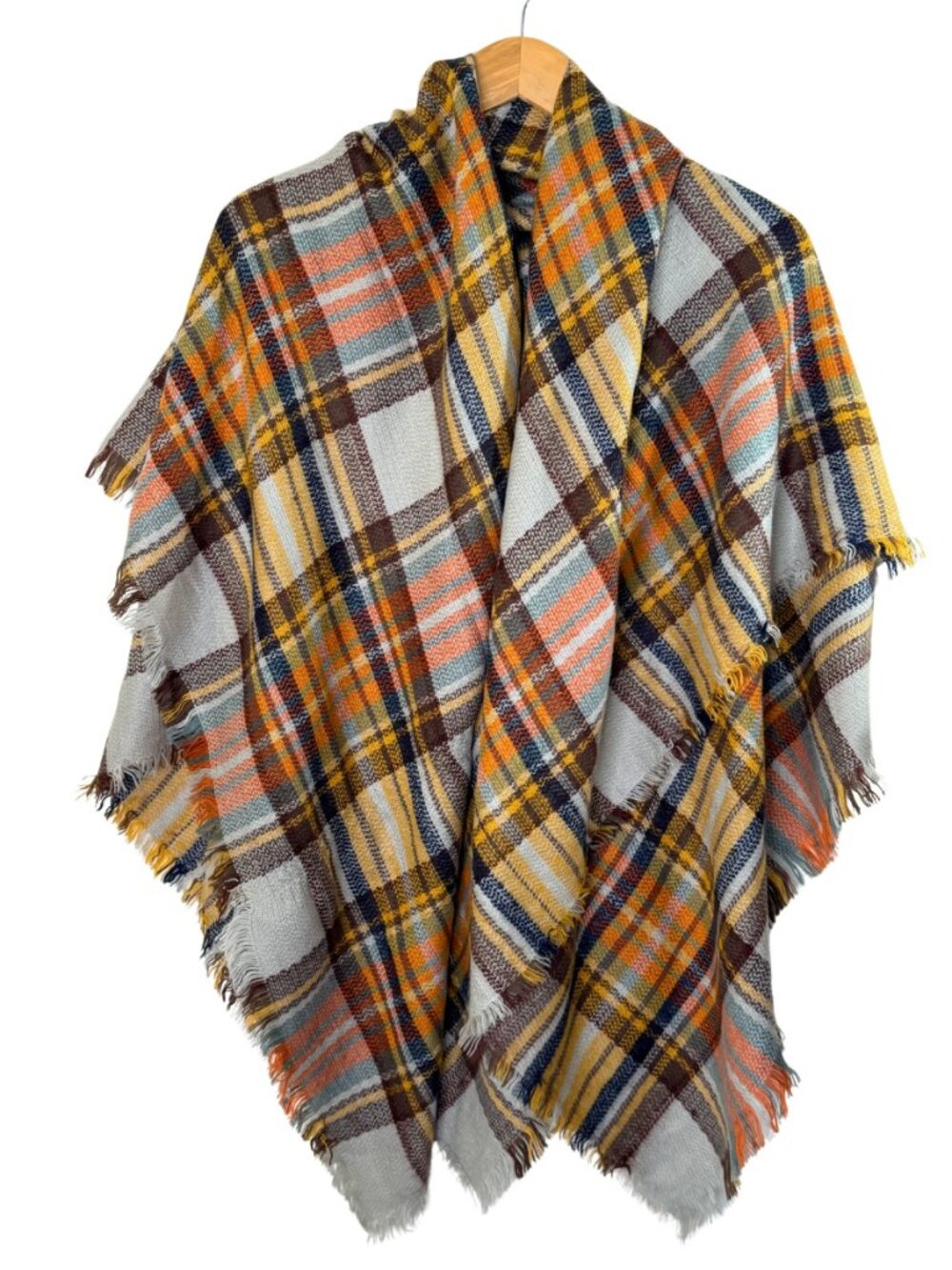 Oversized Plaid Blanket Scarf Mustard Orange Sage Fringe Wrap Shawl 54x54